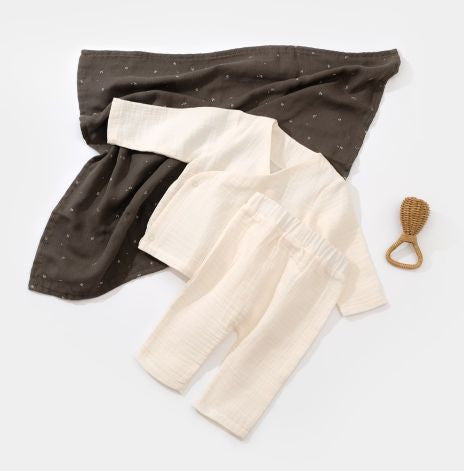 Set bluzita petrecuta si pantaloni lungi din muselina, BabyCosy, 100% bumbac organic,